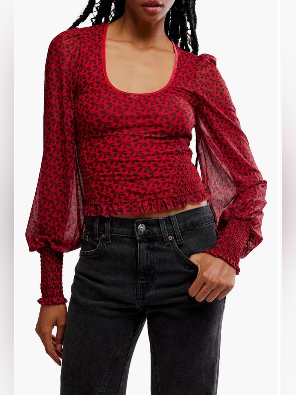 Free People Dottie Bow Print Sheer Sleeve 💕 NWT